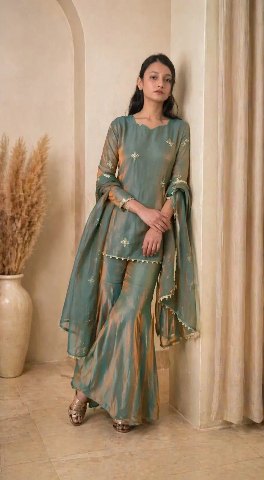 Steel Blue Premium Fandy Sharara Set with Zari Sequence Embroidery and Dupatta