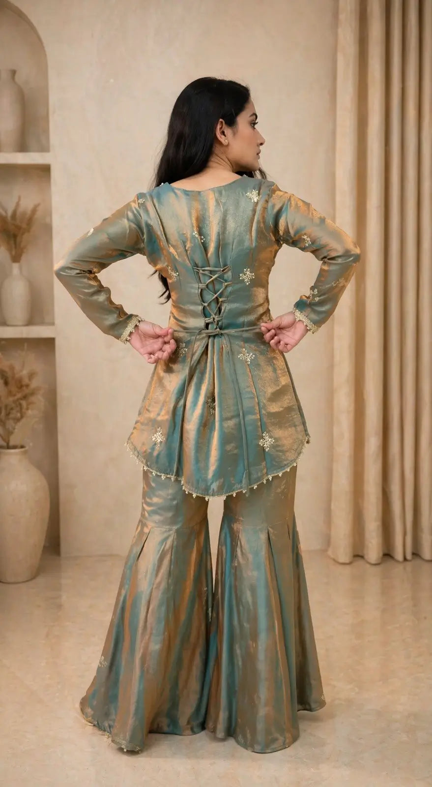 Steel Blue Premium Fandy Sharara Set with Zari Sequence Embroidery and Dupatta