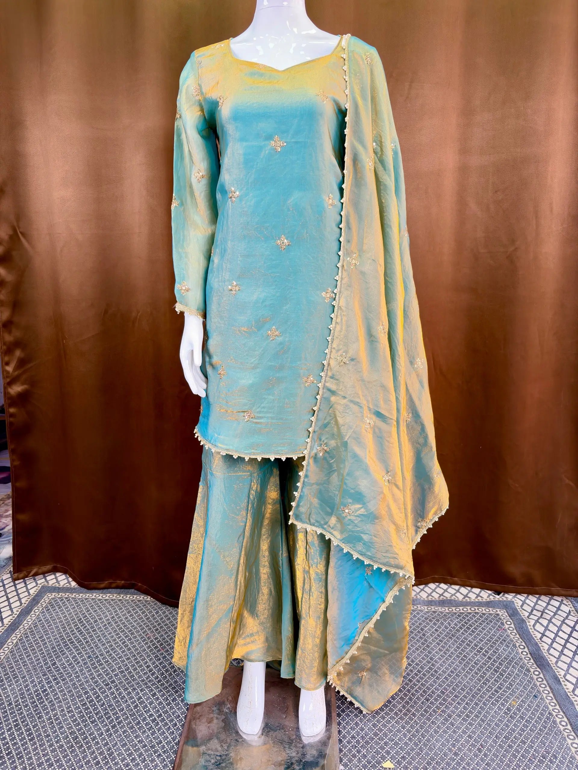 Steel Blue Premium Fandy Sharara Set with Zari Sequence Embroidery and Dupatta