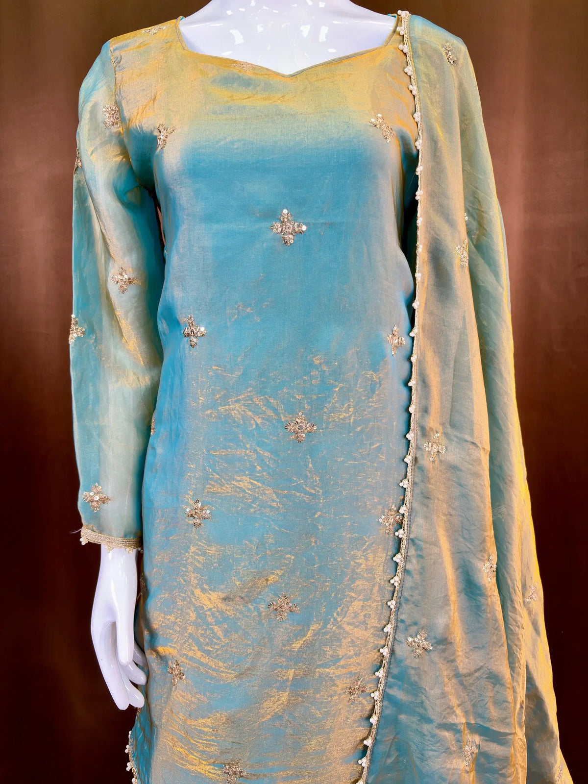 Steel Blue Premium Fandy Sharara Set with Zari Sequence Embroidery and Dupatta