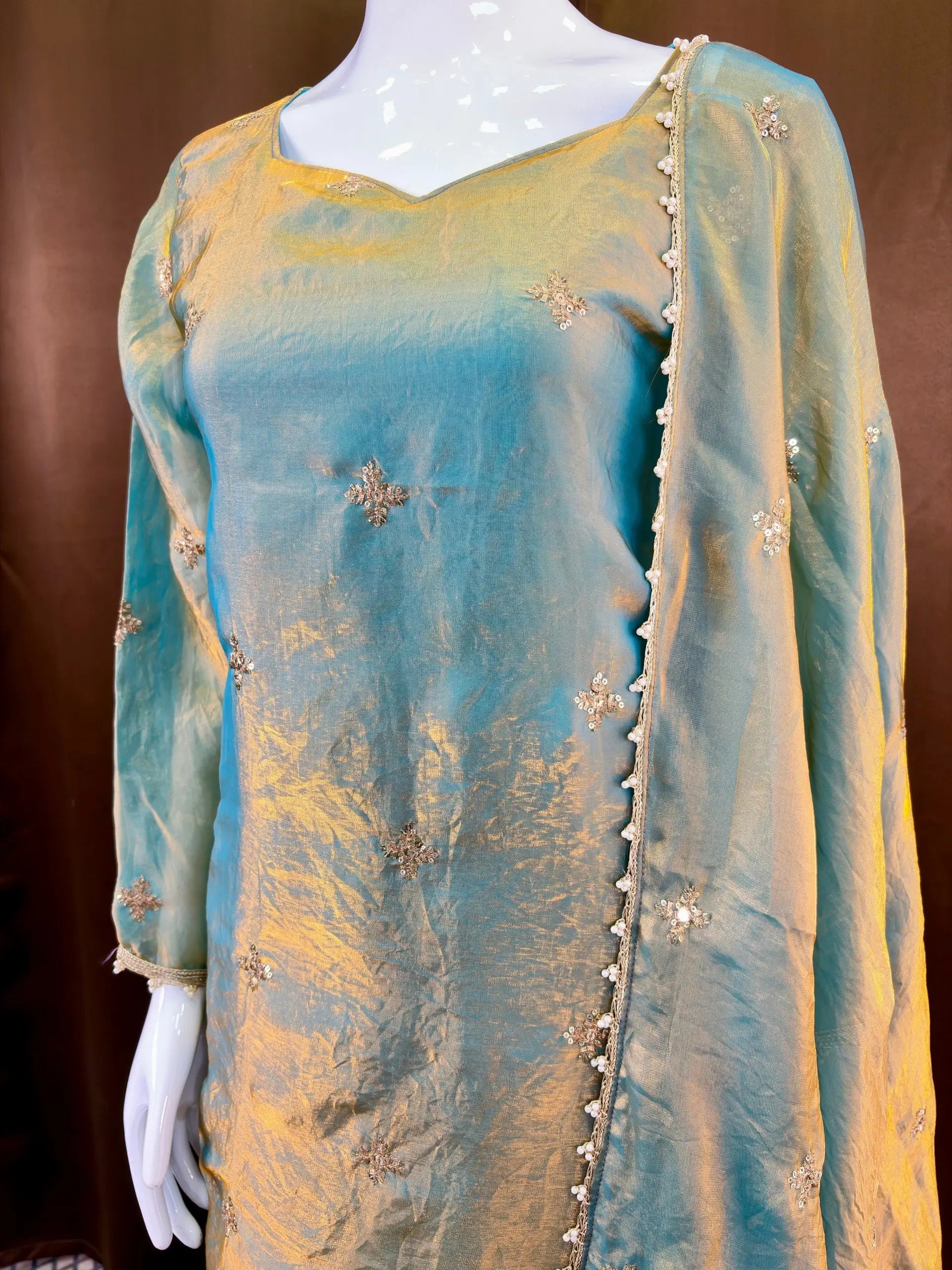 Steel Blue Premium Fandy Sharara Set with Zari Sequence Embroidery and Dupatta