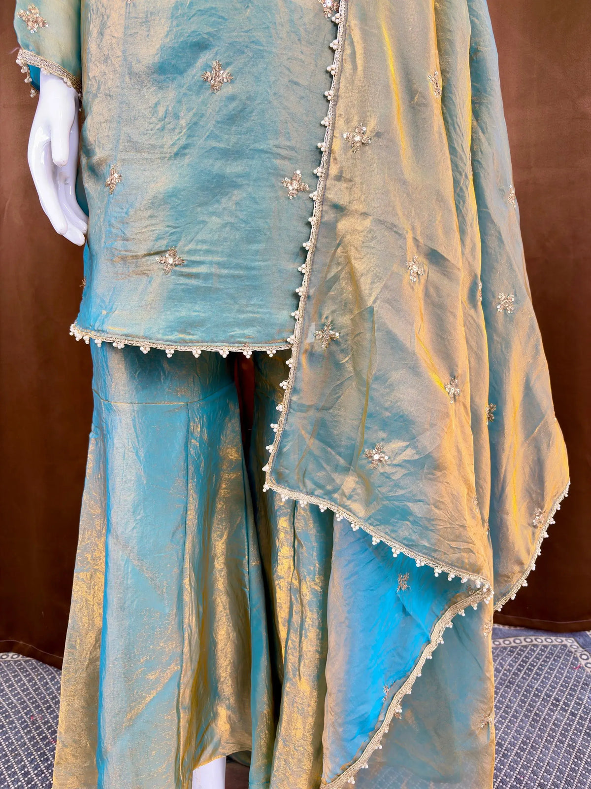 Steel Blue Premium Fandy Sharara Set with Zari Sequence Embroidery and Dupatta