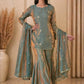 Steel Blue Premium Fandy Sharara Set with Zari Sequence Embroidery and Dupatta