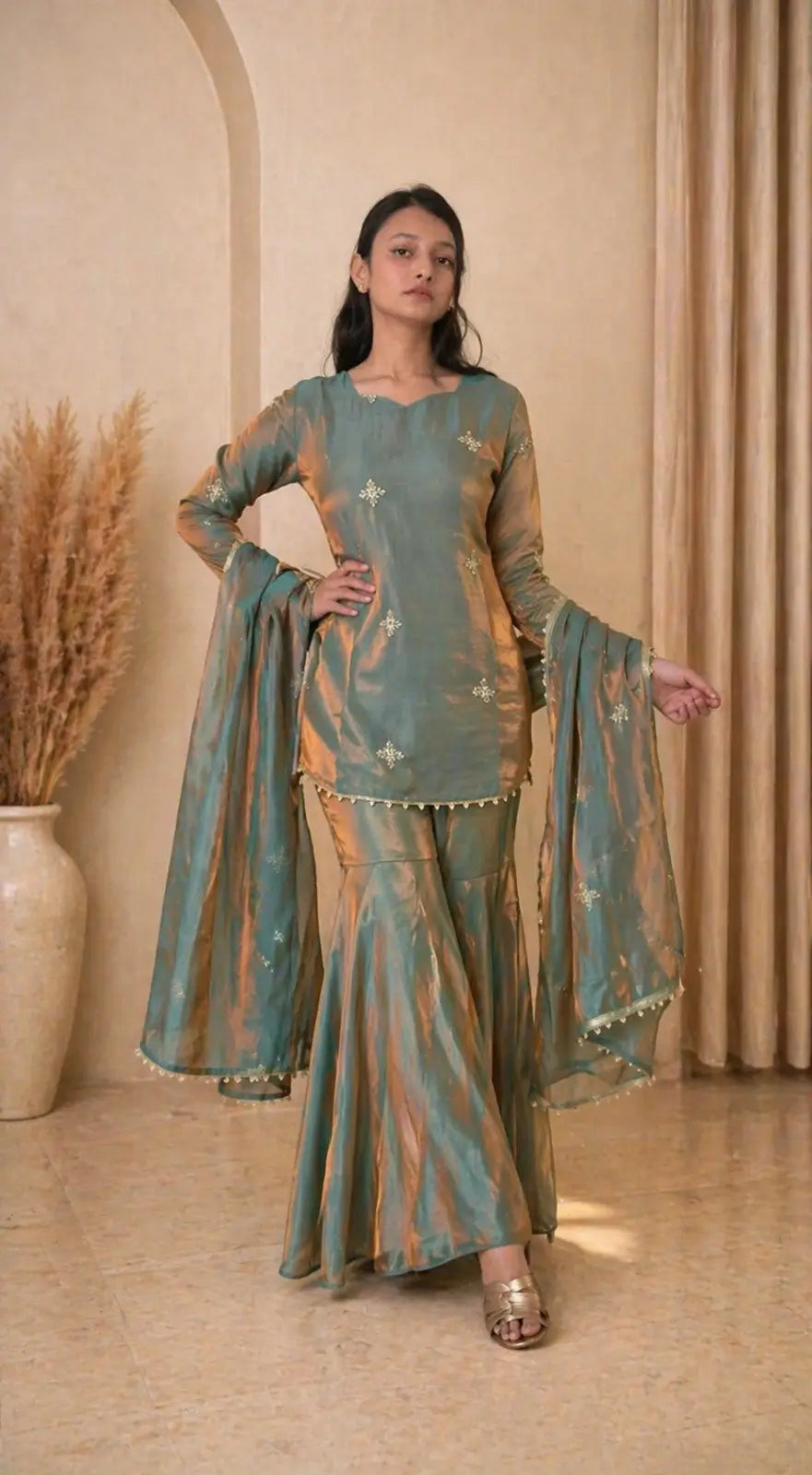 Steel Blue Premium Fandy Sharara Set with Zari Sequence Embroidery and Dupatta