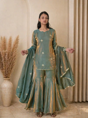 Steel Blue Premium Fandy Sharara Set with Zari Sequence Embroidery and Dupatta