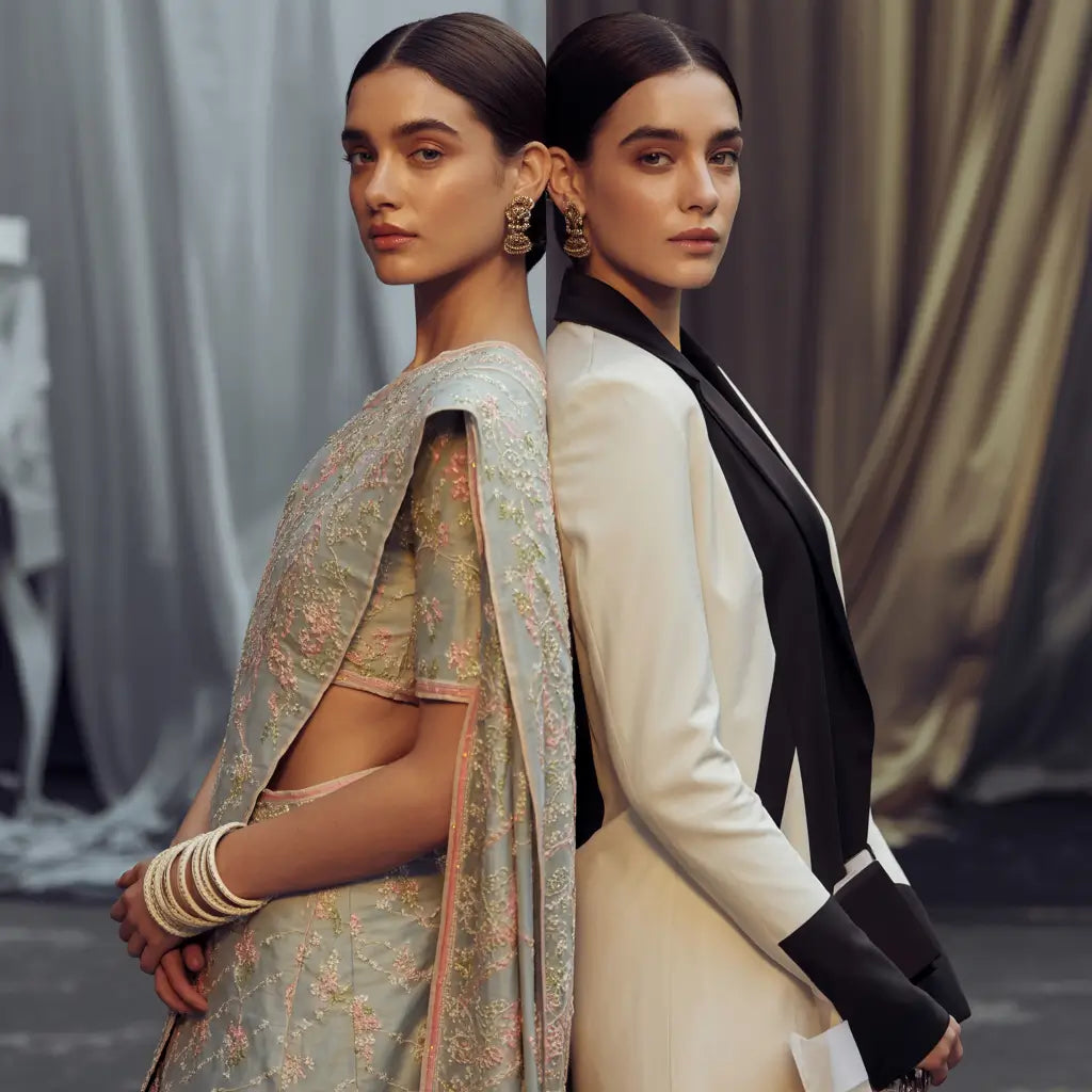 Two women in elegant outfits standing back-to-back against a neutral background