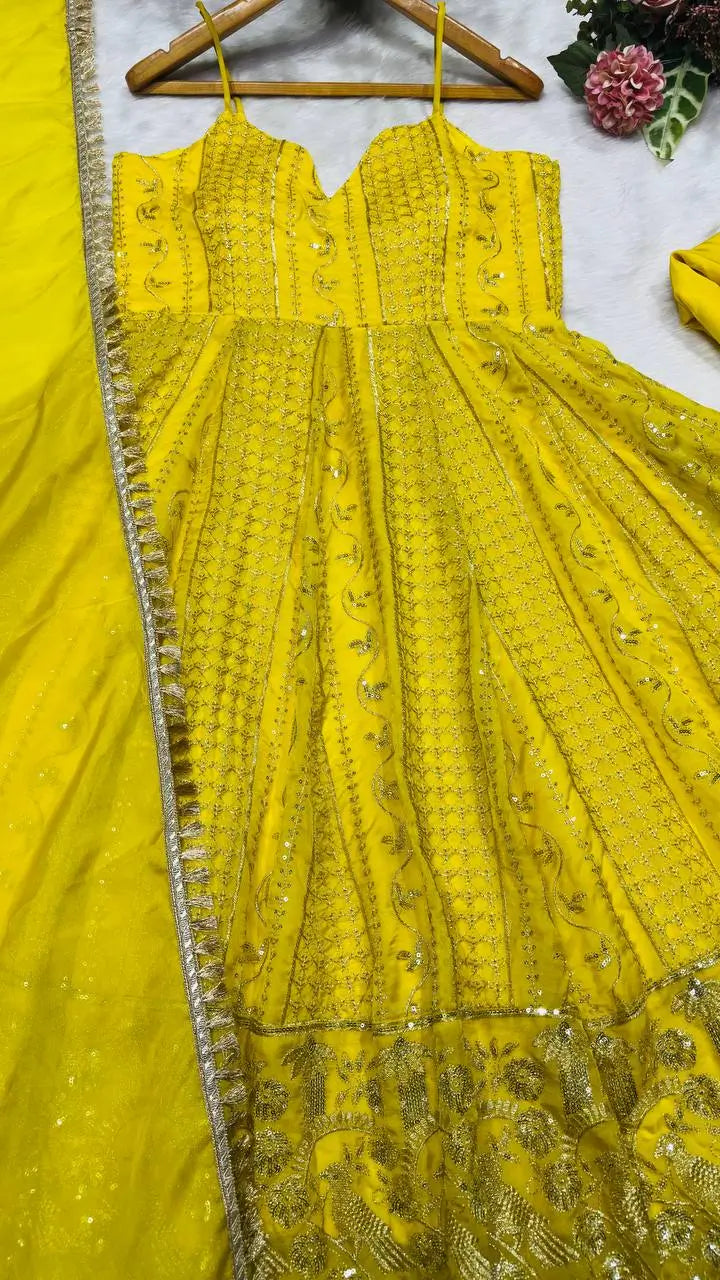 Sunlit Festive Embroidered Organza Gown Set for Haldi and Day Functions