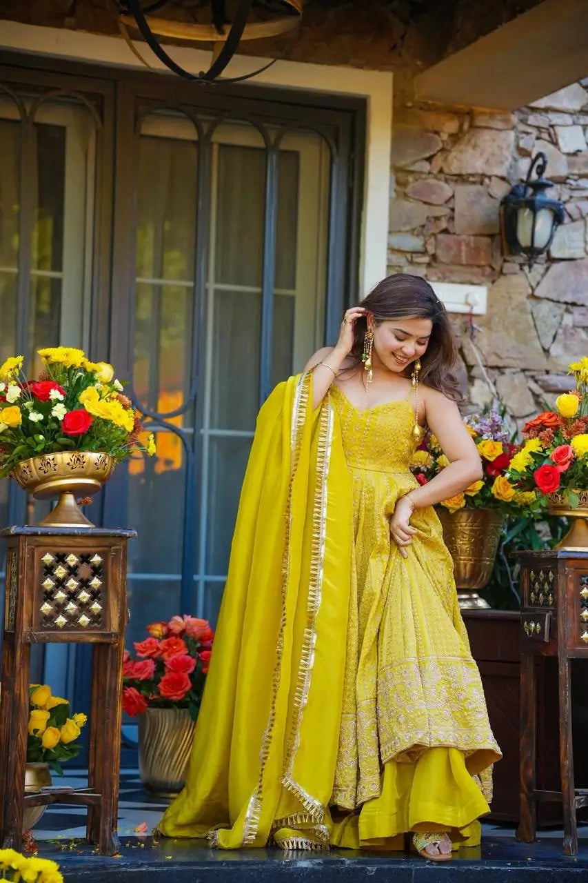 Sunlit Festive Embroidered Organza Gown Set for Haldi and Day Functions