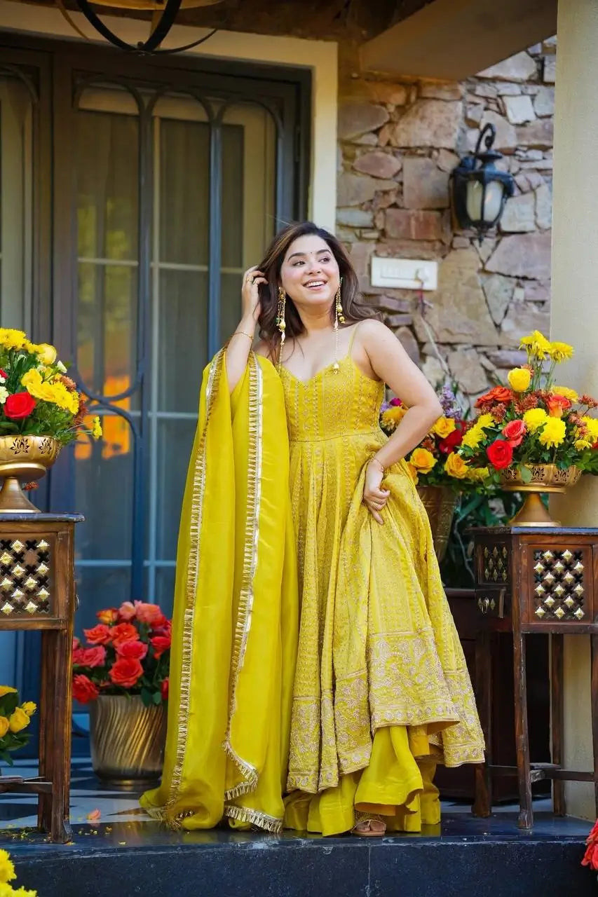 Sunlit Festive Embroidered Organza Gown Set for Haldi and Day Functions