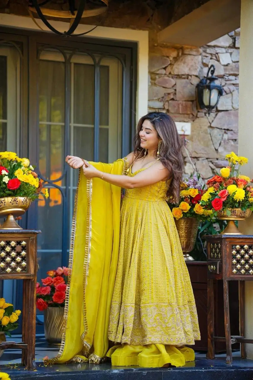 Sunlit Festive Embroidered Organza Gown Set for Haldi and Day Functions