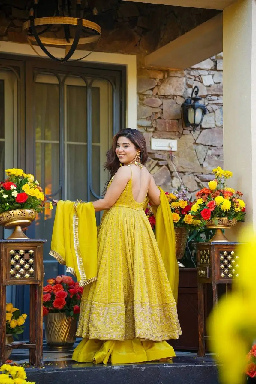 Sunlit Festive Embroidered Organza Gown Set for Haldi and Day Functions