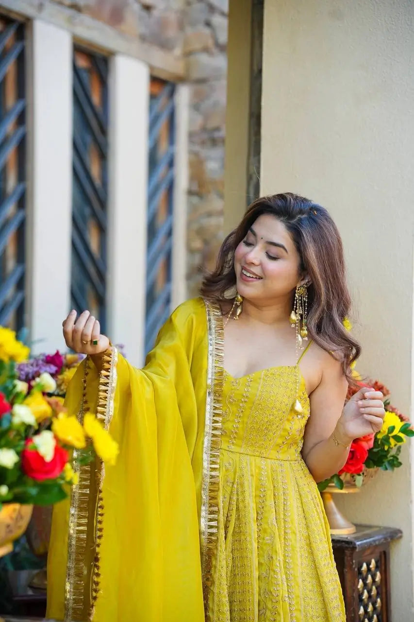 Sunlit Festive Embroidered Organza Gown Set for Haldi and Day Functions
