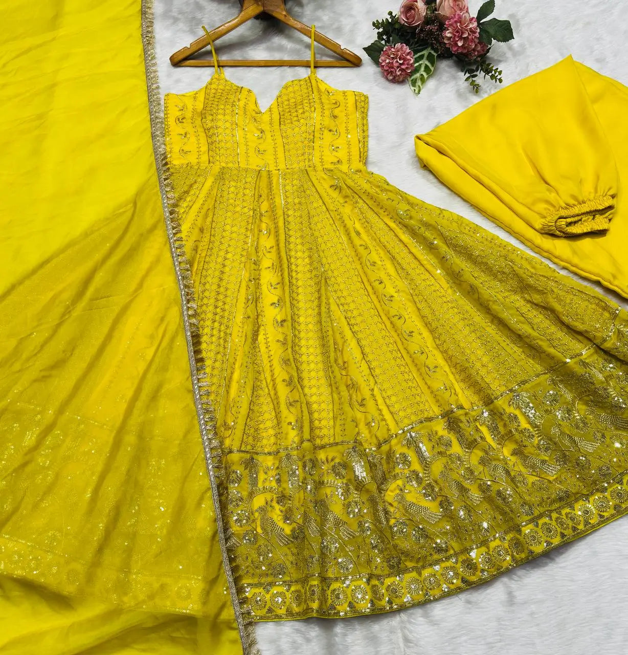 Sunlit Festive Embroidered Organza Gown Set for Haldi and Day Functions