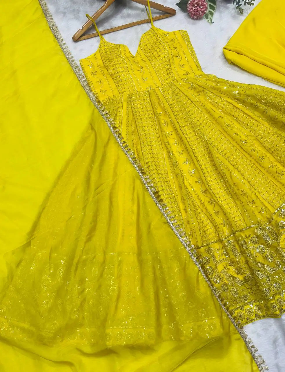 Sunlit Festive Embroidered Organza Gown Set for Haldi and Day Functions
