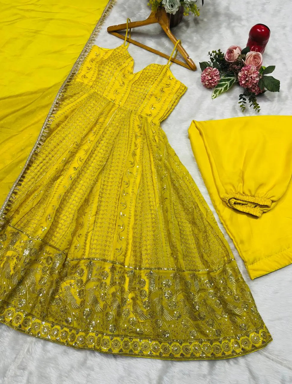 Sunlit Festive Embroidered Organza Gown Set for Haldi and Day Functions