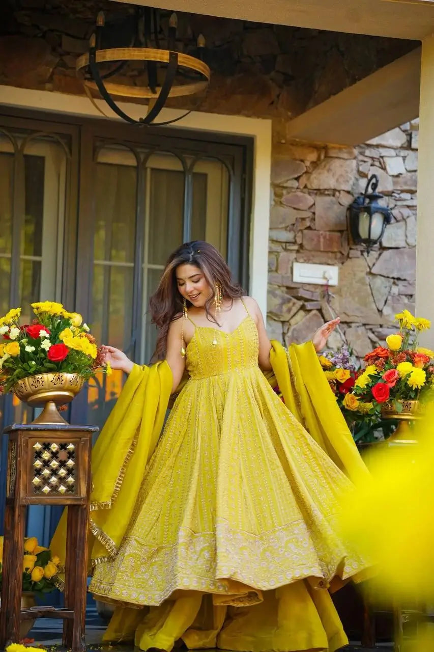 Sunlit Festive Embroidered Organza Gown Set for Haldi and Day Functions