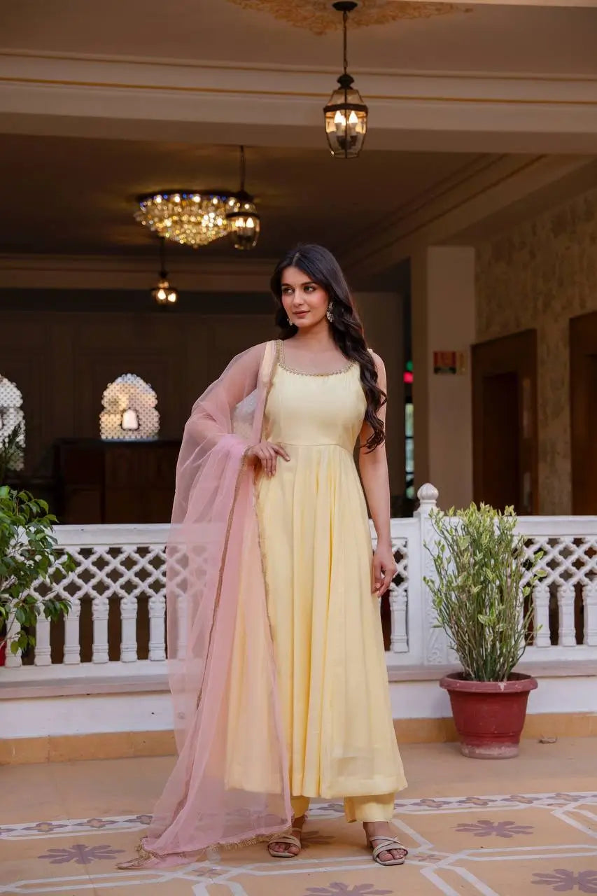 Sunlit Grace Roman Cotton Kurta Pant Dupatta Set for Festive and Family Occasions