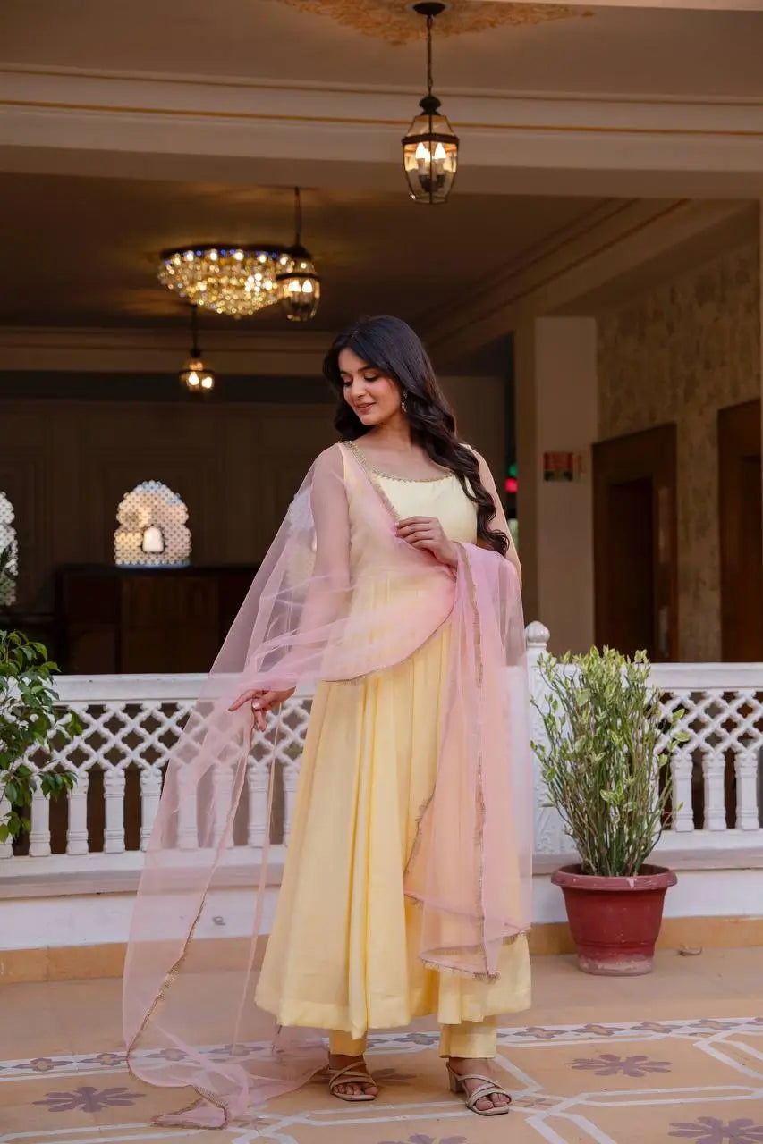 Sunlit Grace Roman Cotton Kurta Pant Dupatta Set for Festive and Family Occasions