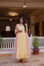 Sunlit Grace Roman Cotton Kurta Pant Dupatta Set for Festive and Family Occasions