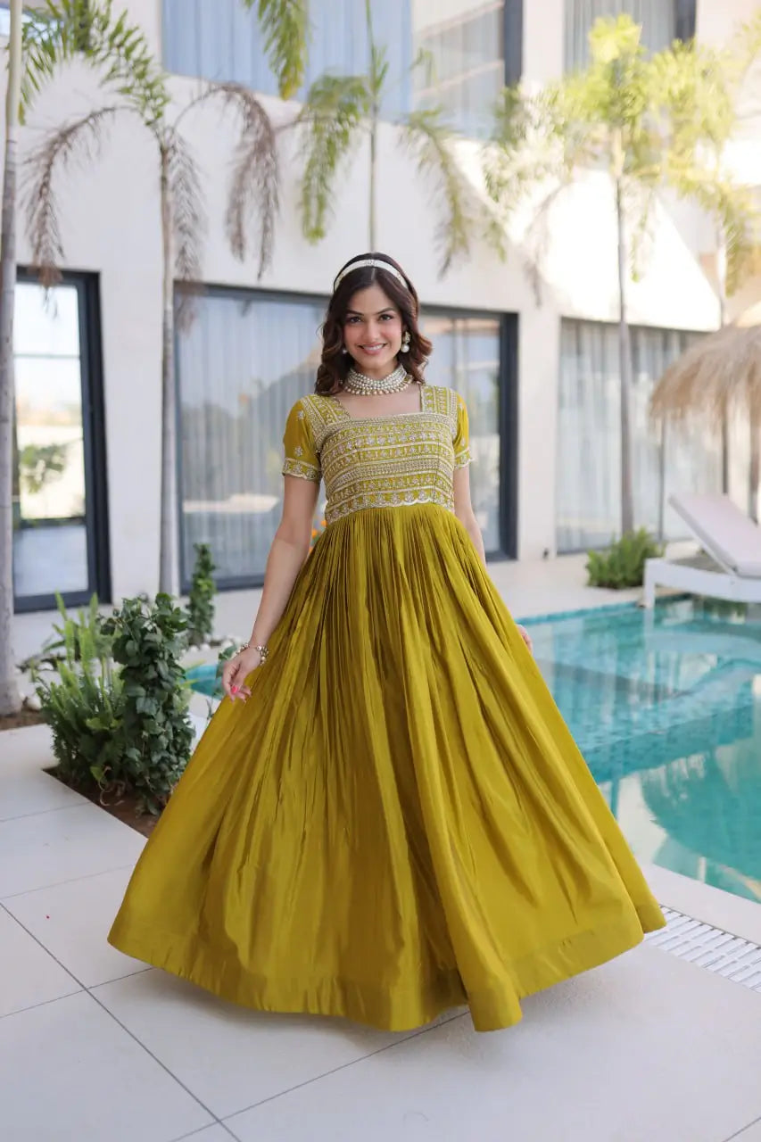 Sunlit Grace Silk Embroidered Flared Gown for Festive and Wedding Wear