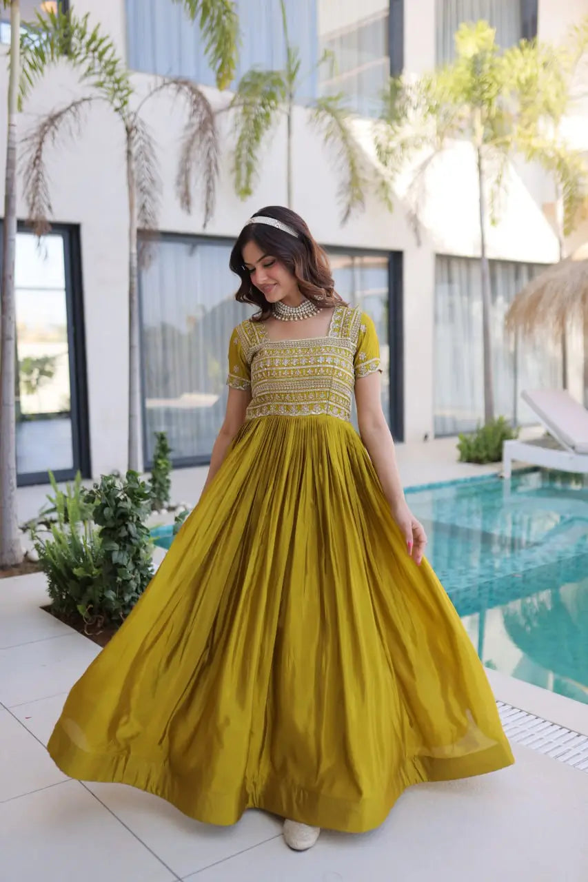 Sunlit Grace Silk Embroidered Flared Gown for Festive and Wedding Wear