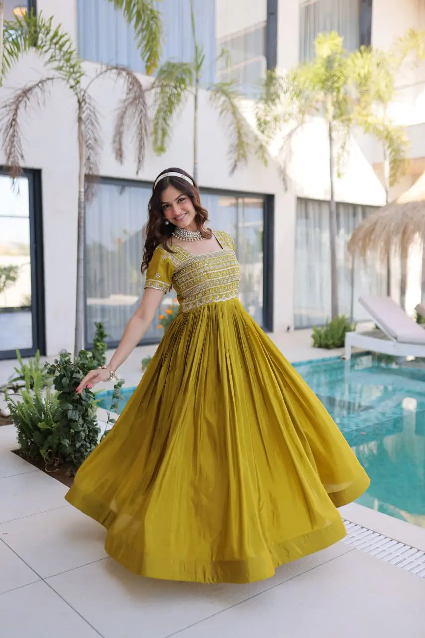 Sunlit Grace Silk Embroidered Flared Gown for Festive and Wedding Wear
