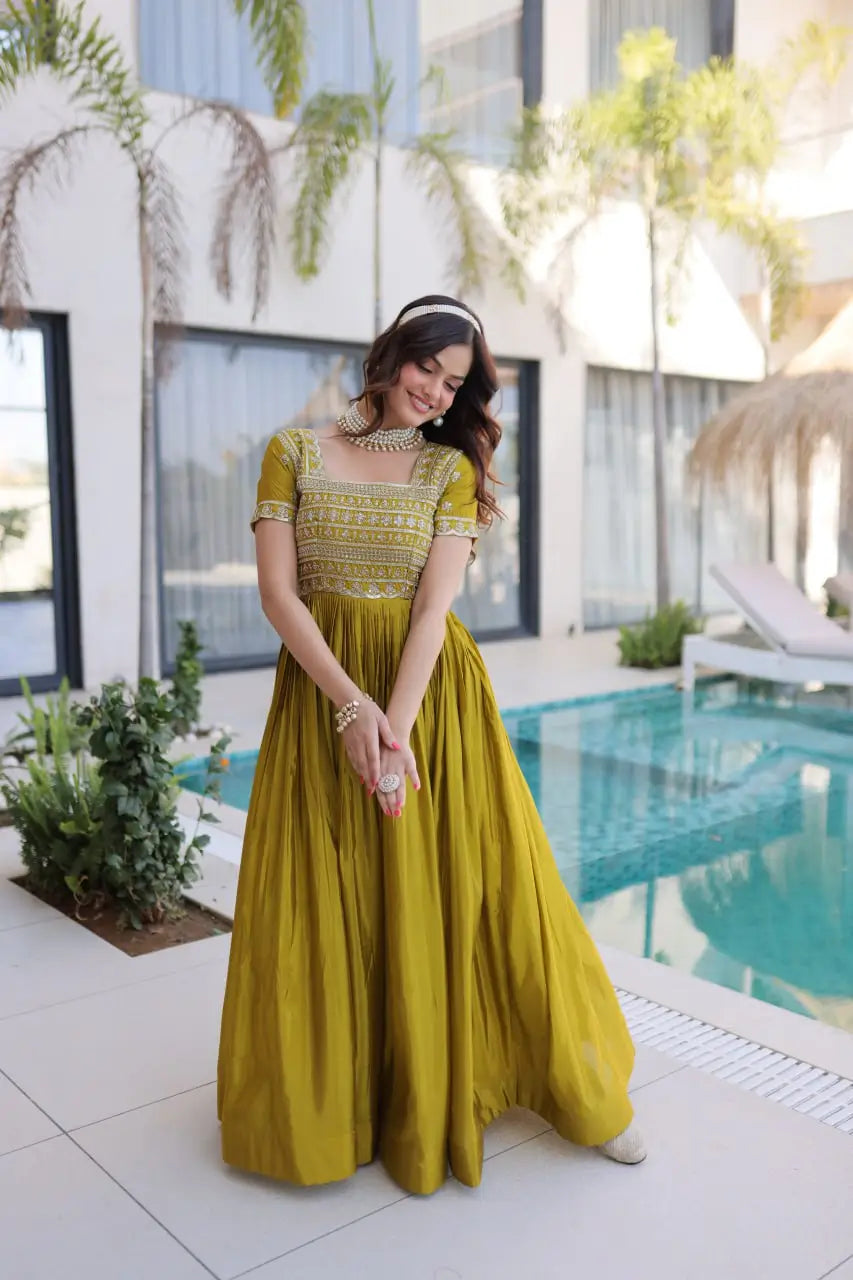Sunlit Grace Silk Embroidered Flared Gown for Festive and Wedding Wear