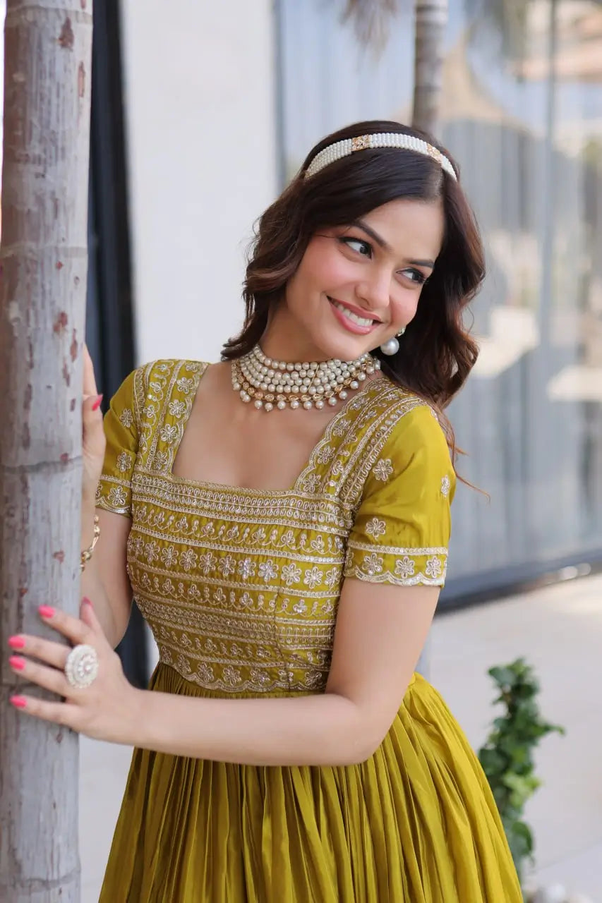 Sunlit Grace Silk Embroidered Flared Gown for Festive and Wedding Wear
