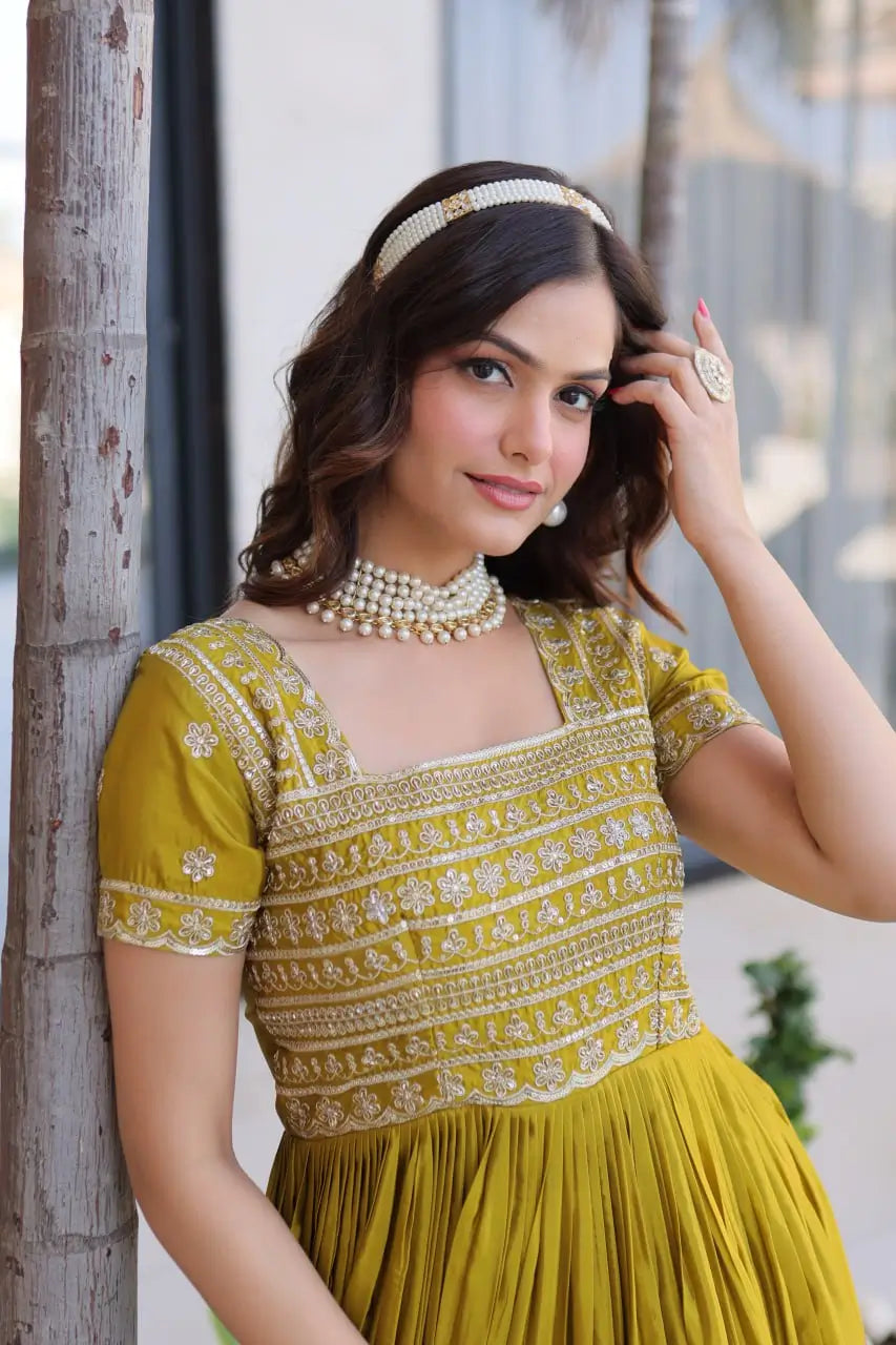 Sunlit Grace Silk Embroidered Flared Gown for Festive and Wedding Wear
