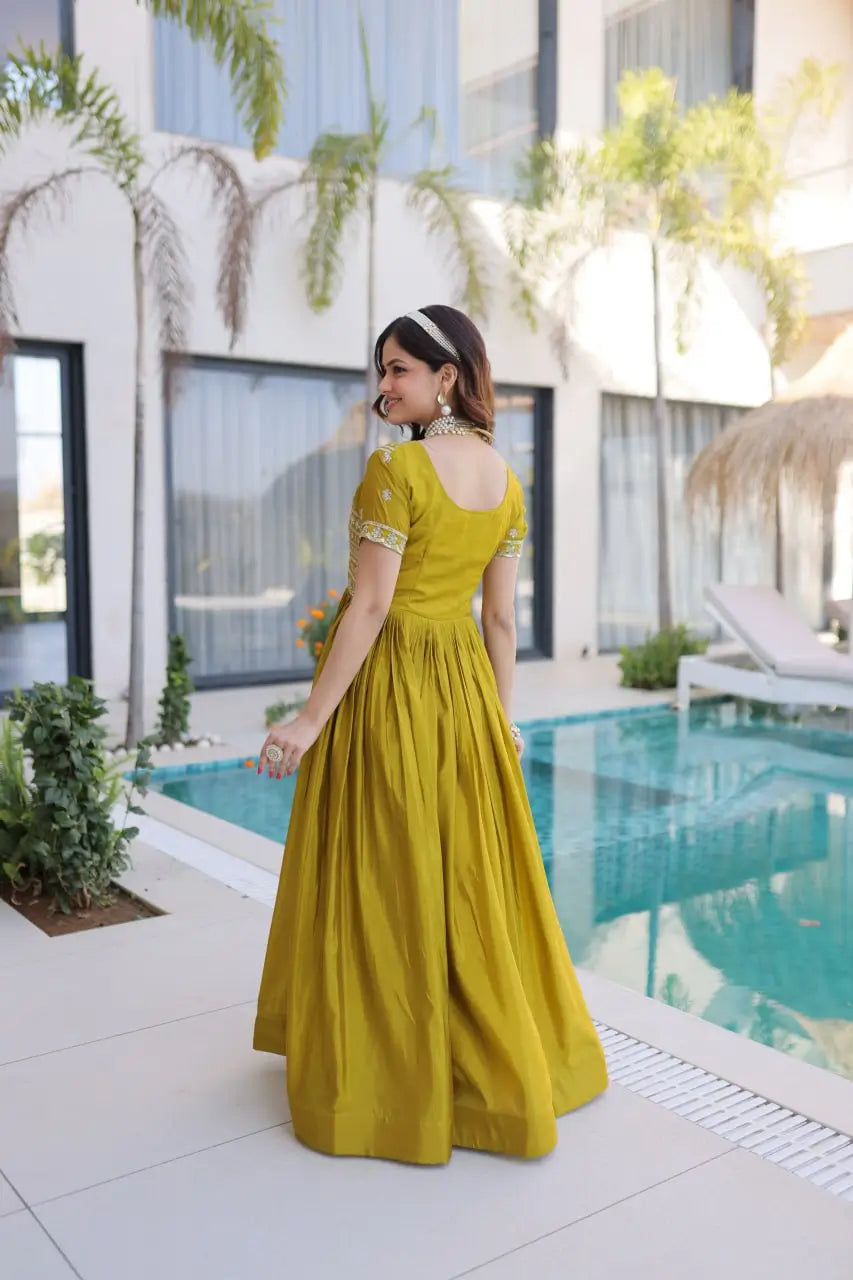 Sunlit Grace Silk Embroidered Flared Gown for Festive and Wedding Wear