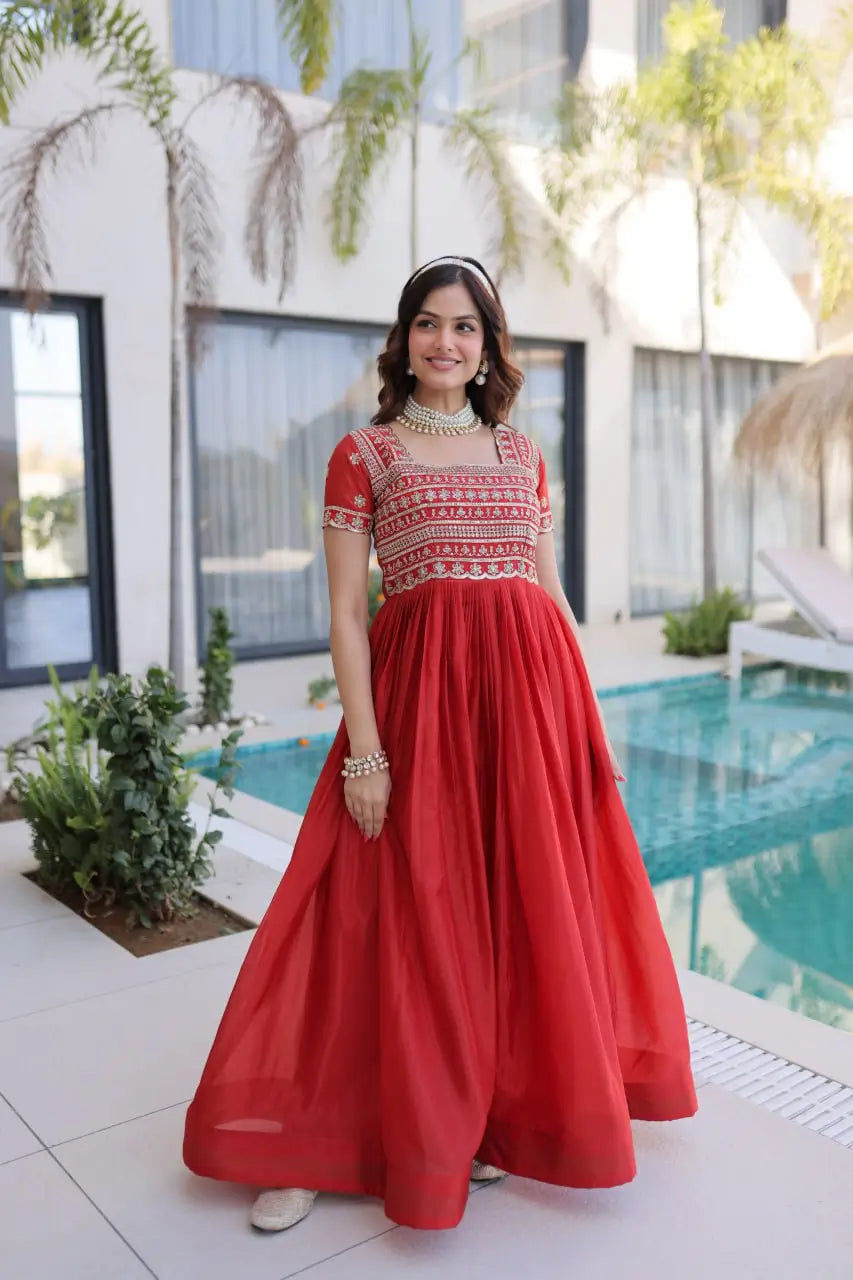 Sunlit Grace Silk Embroidered Flared Gown for Festive and Wedding Wear