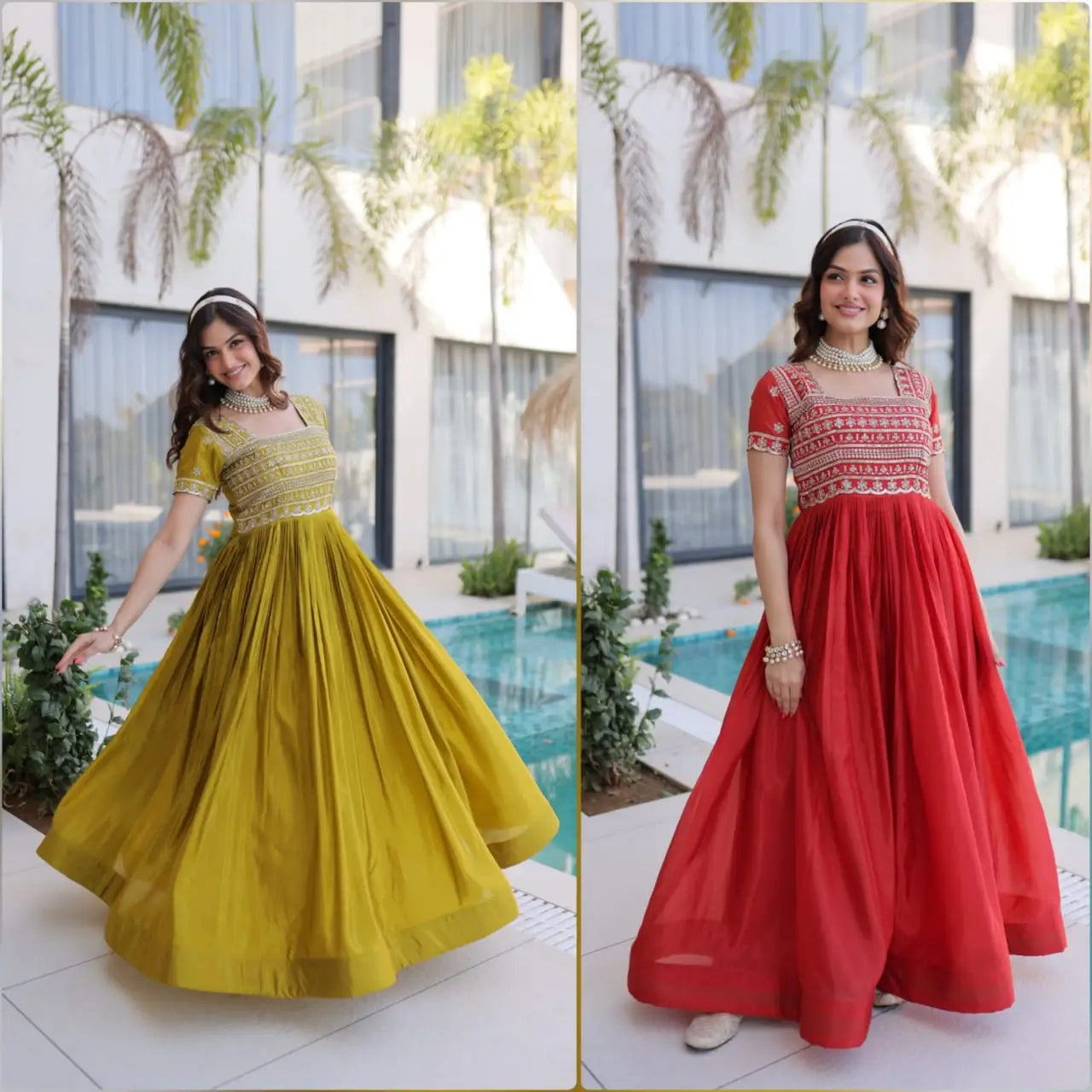 Sunlit Grace Silk Embroidered Flared Gown for Festive and Wedding Wear