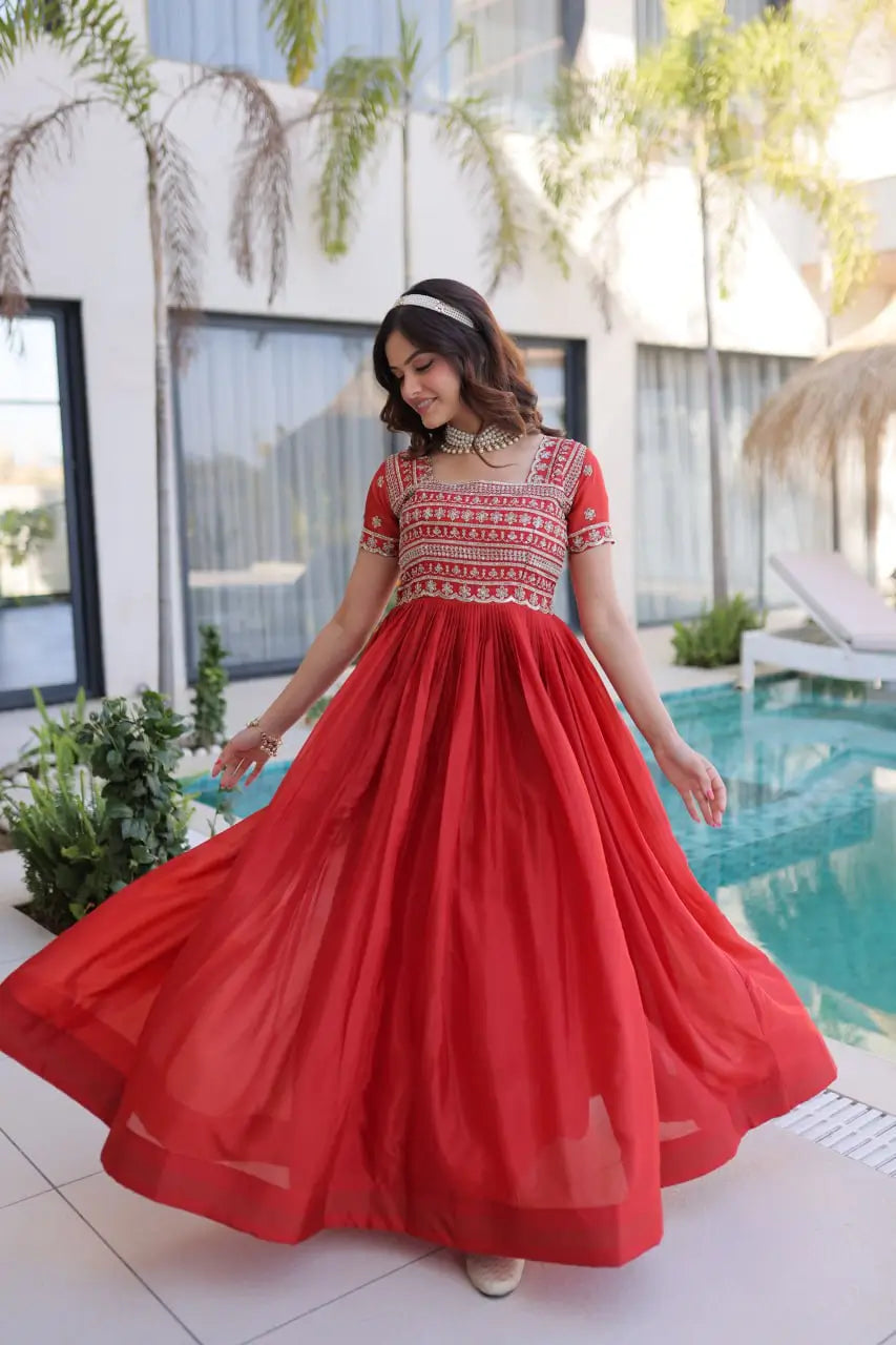 Sunlit Grace Silk Embroidered Flared Gown for Festive and Wedding Wear