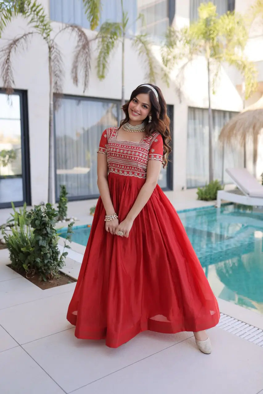 Sunlit Grace Silk Embroidered Flared Gown for Festive and Wedding Wear