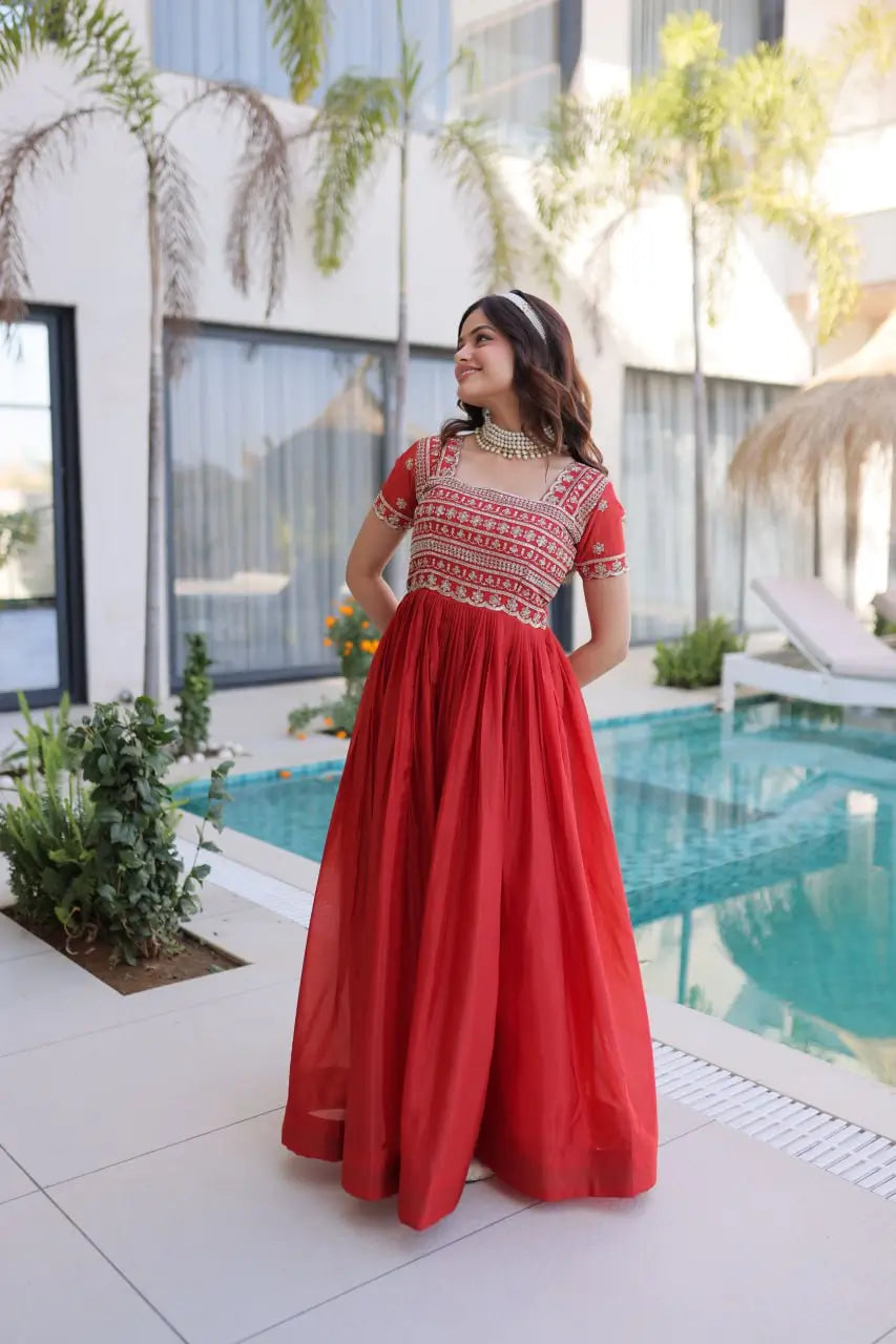 Sunlit Grace Silk Embroidered Flared Gown for Festive and Wedding Wear
