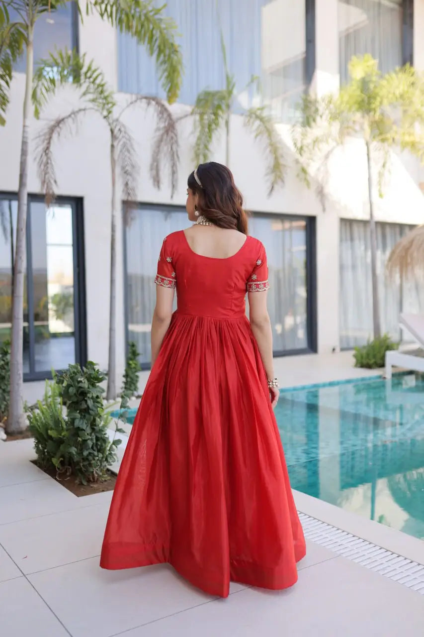 Sunlit Grace Silk Embroidered Flared Gown for Festive and Wedding Wear