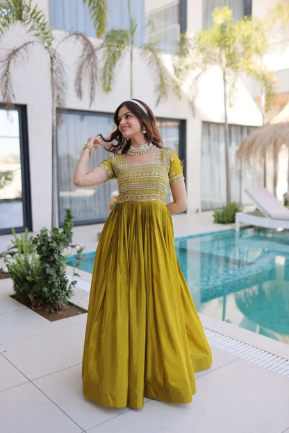 Sunlit Grace Silk Embroidered Flared Gown for Festive and Wedding Wear