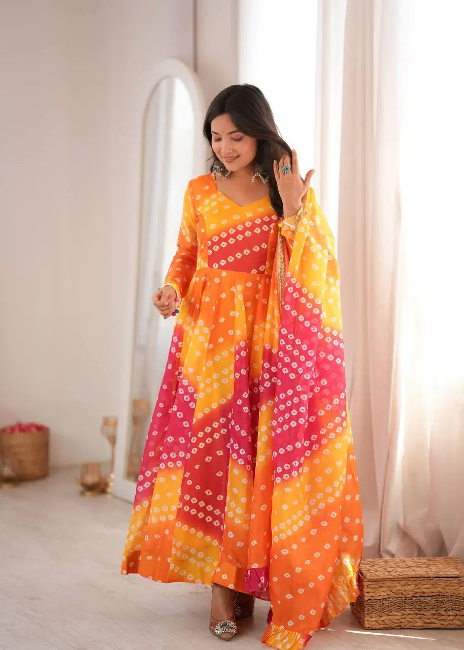 Sunset Bandhani Print Anarkali Gown