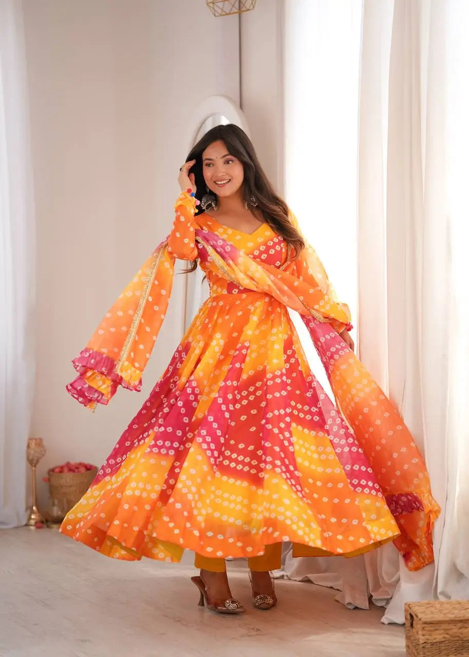 Sunset Bandhani Print Anarkali Gown