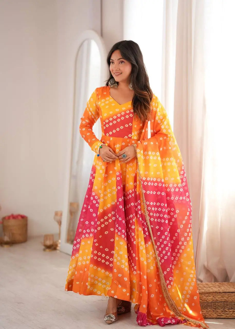 Sunset Bandhani Print Anarkali Gown