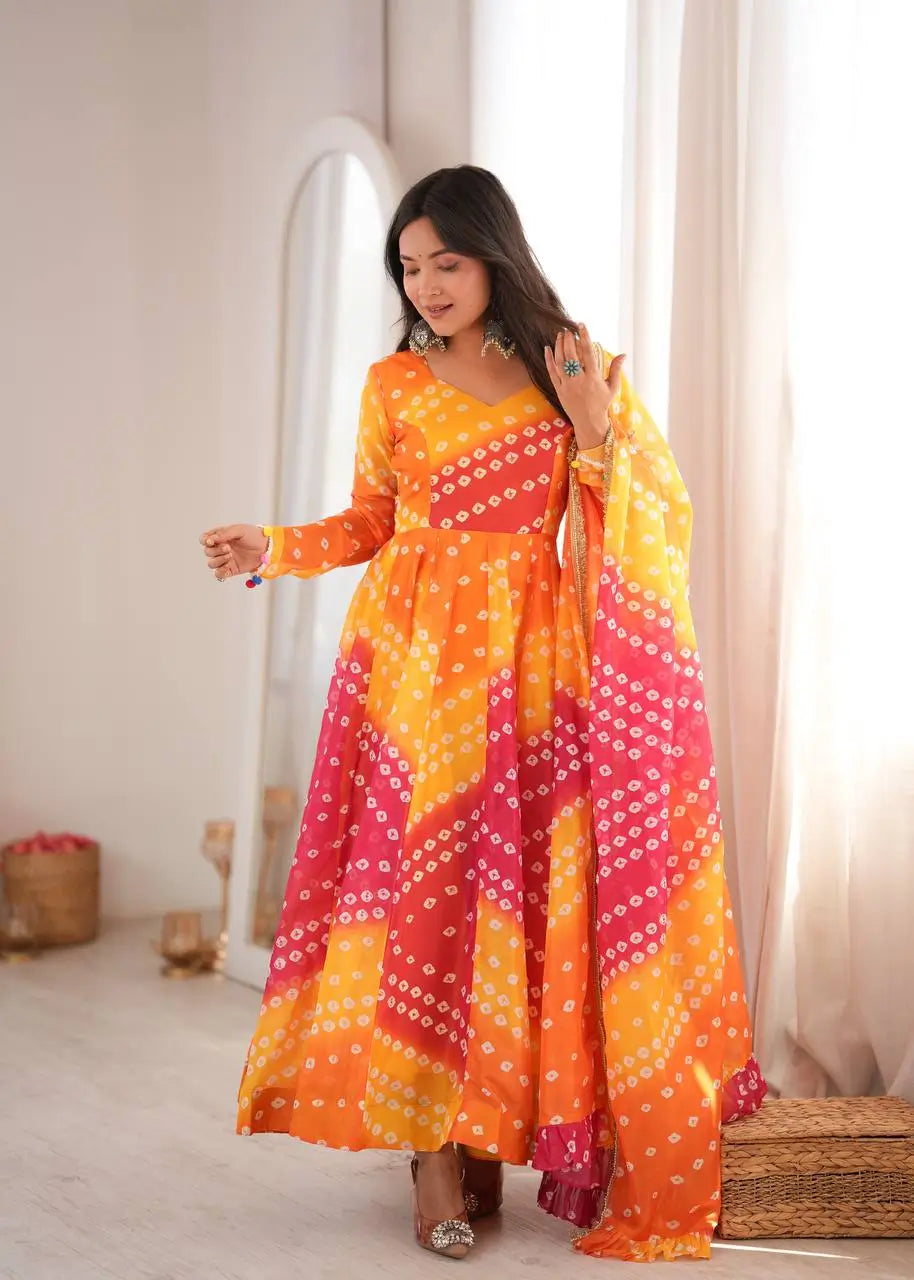 Sunset Bandhani Print Anarkali Gown
