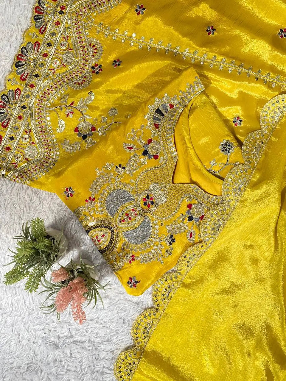 Sunshine Yellow Chinon Embroidered Palazzo Set