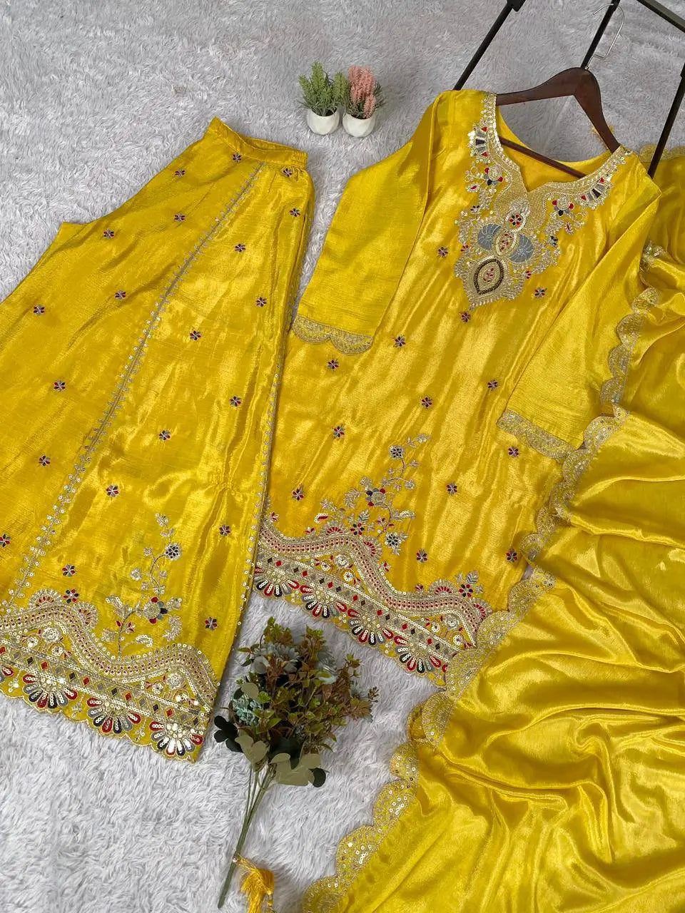 Sunshine Yellow Chinon Embroidered Palazzo Set