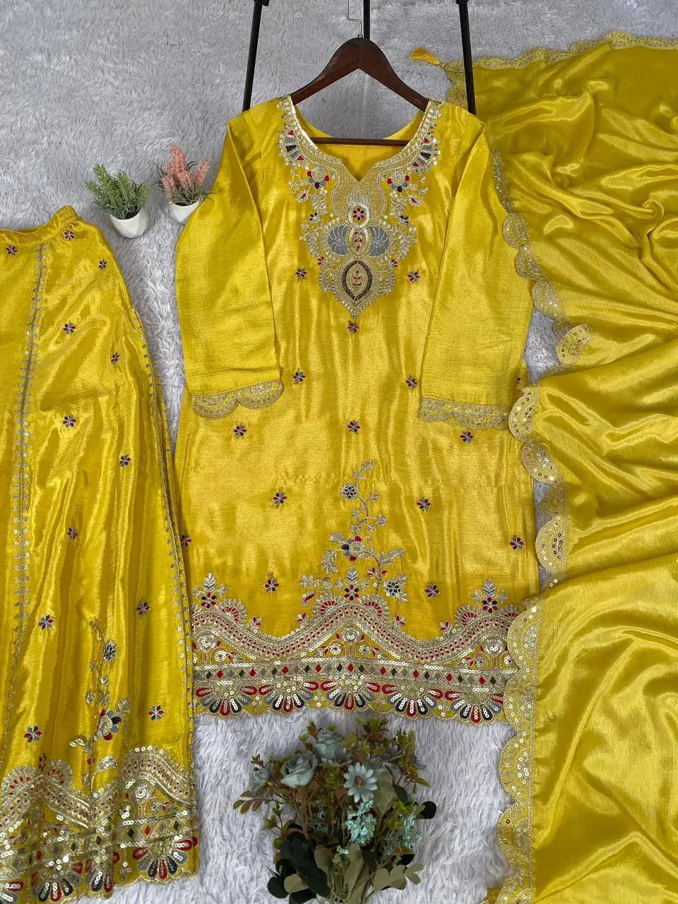 Sunshine Yellow Chinon Embroidered Palazzo Set