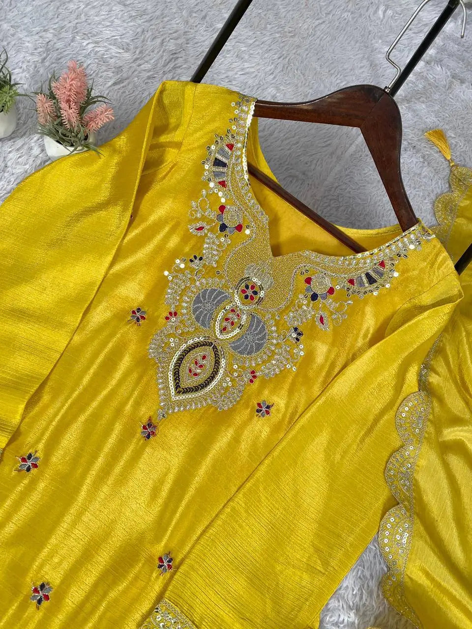 Sunshine Yellow Chinon Embroidered Palazzo Set