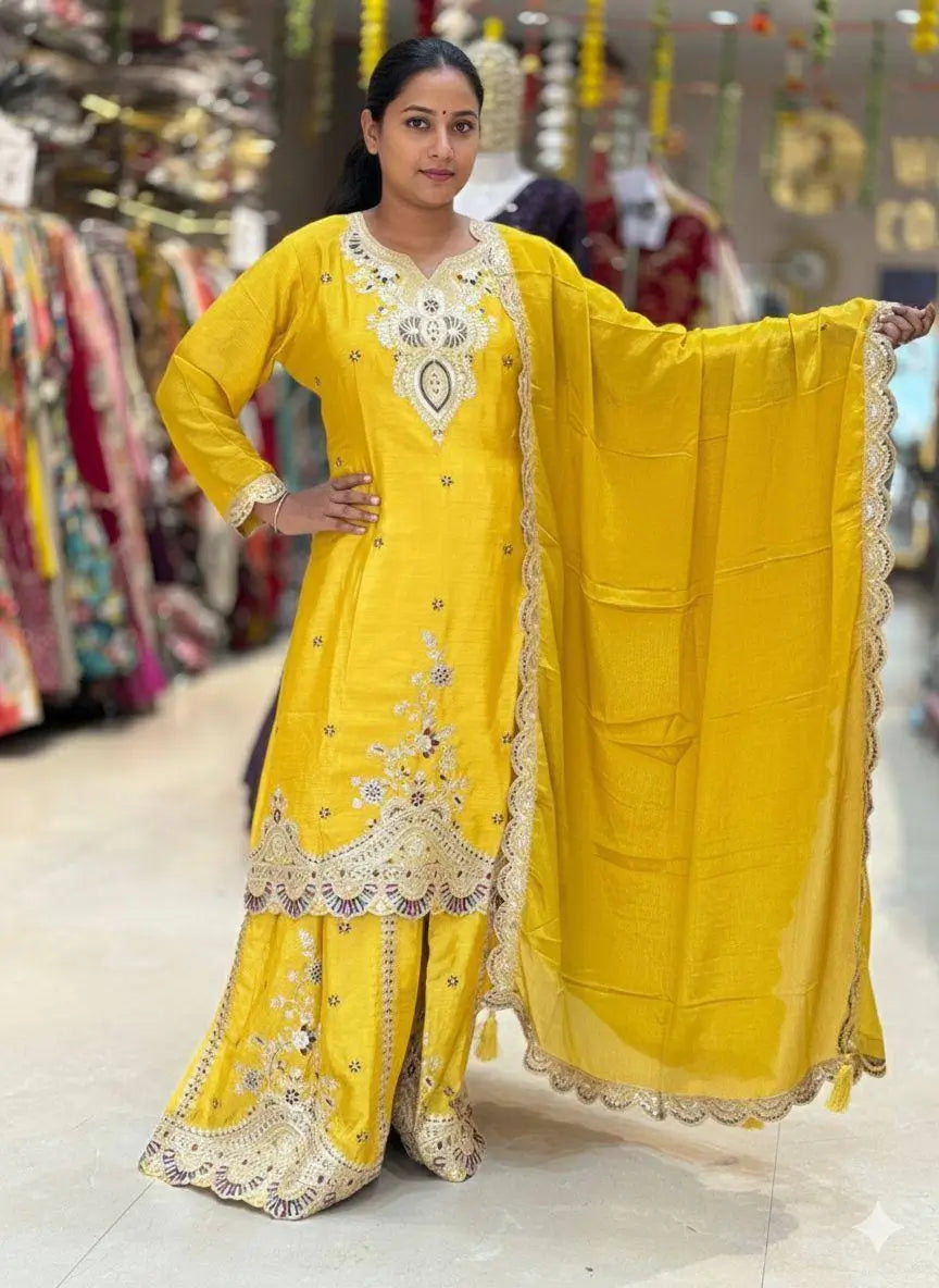 Sunshine Yellow Chinon Embroidered Palazzo Set