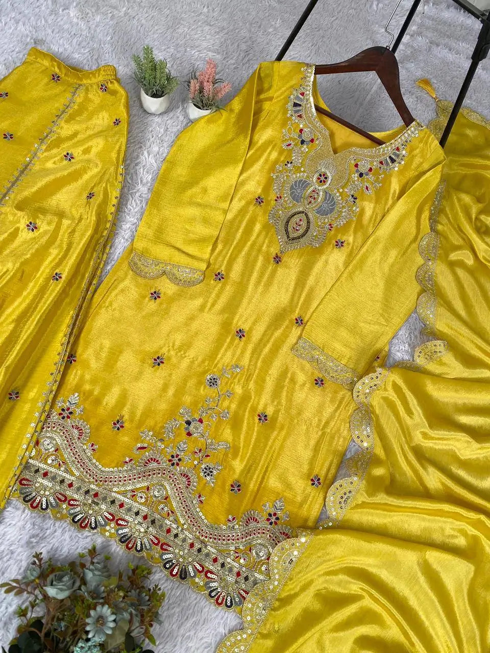 Sunshine Yellow Chinon Embroidered Palazzo Set