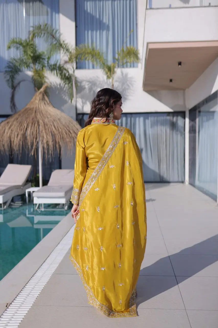 Sunshine Yellow Zari Embroidered Kurti Pant Dupatta Set for Festive and Wedding Wear