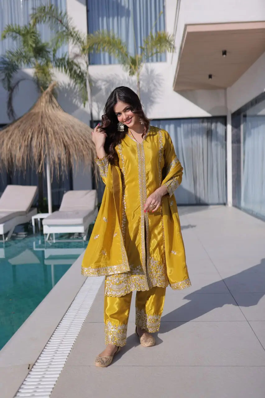 Sunshine Yellow Zari Embroidered Kurti Pant Dupatta Set for Festive and Wedding Wear