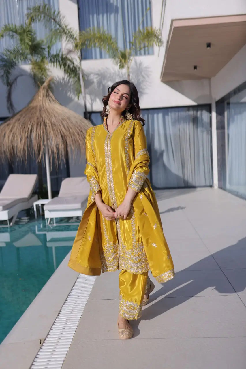 Sunshine Yellow Zari Embroidered Kurti Pant Dupatta Set for Festive and Wedding Wear